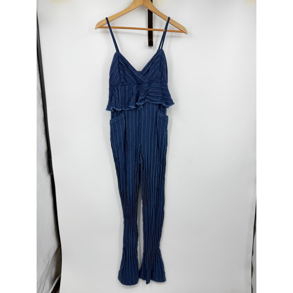 Anthropologie Ett Twa Jumpsuit Women XS Blue Pinstripe Ruffle Peplum Textured